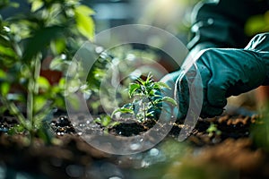 Close-up of a man's hands in green protective gloves planting plants in a greenhouse, against a blurred background