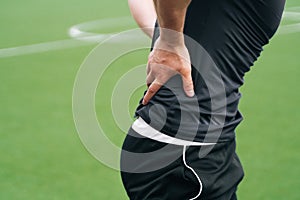 Close up of the man`s hands hold the waist. The head of the department accident at training