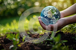 Close-up of a man& x27;s hands holding a globe of the earth. Earth Day Concept Save the World save the environment