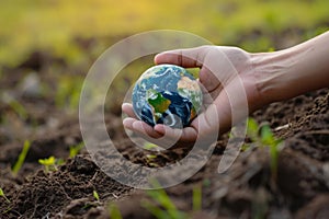Close-up of a man& x27;s hands holding a globe of the earth. Earth Day Concept Save the World save the environment