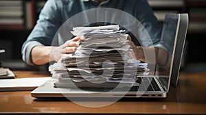 Close-up of a man's hands typing on a laptop keyboard, with a stack of paperwork beside them