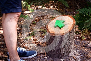 Close up man`s legs and tree stump with green wooden arrow pointing the direction of the footpath or trail . Nature reserve,