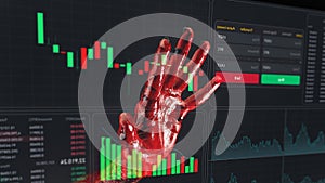 Close-up of a man& x27;s palm covered in blood. financial crime. Stock charts on a virtual screen.