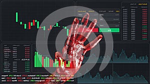 Close-up of a man& x27;s palm covered in blood. financial crime. Stock charts on a virtual screen.