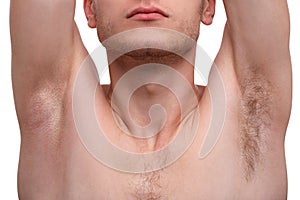 Close-up of a man showing an armpit isolated on a white background.