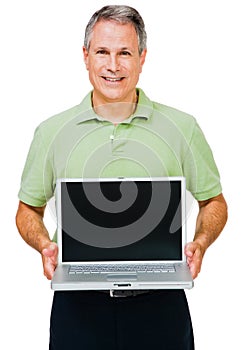 Close-up of a man showing laptop