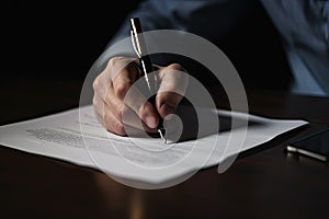 Close-up of a man signing a contract with a pen. A real estate agent signing his documents closeup, AI Generated