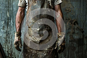 Close-up of a man in a suit with a dirty apron and gloves, showcasing manual labor