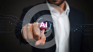 Man Touching AI Interface Represents Artificial Intelligence Technology and Future of Data Science