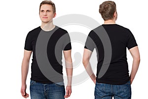 Close up Man in T-shirt black template. Guy Shirts set. tshirt mockup Front and back view. Mock up isolated on white background.