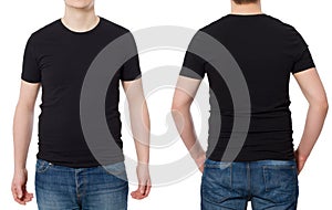 Close up Man in T-shirt black template. Guy Shirts set. tshirt mockup Front and back view. Mock up isolated on white background.
