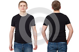 Close up Man in T-shirt black template. Guy Shirts set. tshirt mockup Front and back view. Mock up isolated on white background.