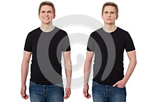 Close up Man in T-shirt black template. Guy Shirts set. tshirt mockup Front view. Mock up isolated on white background. Blank