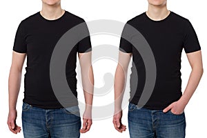 Close up Man in T-shirt black template. Guy Shirts set. tshirt mockup Front view. Mock up isolated on white background. Blank