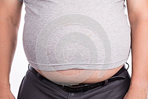 Close-up of man on t-shirt with protruded big belly