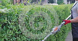 Close up of man in uniform trimming bushes outdoors