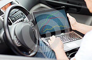 Close up of man using laptop computer in car