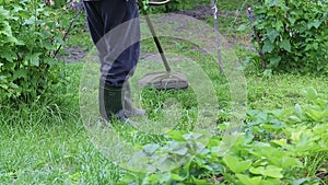 Close-up of a man using lawnmower for cutting green grass in summer.