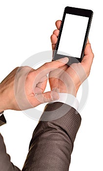 Close up of man using mobile smart phone