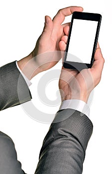 Close up of man using mobile smart phone