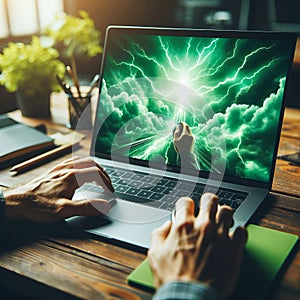 Close up of a man using a mouse to navigate on a laptop with s photo