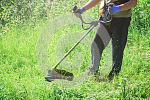 Close up of man using string trimmer for cutting grass in the garden