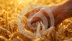 A close-up of a man who is picking through the ears of wheat with his hand photo