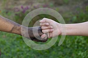 Close up man and woman hands touching holding together on blurred background for love valentine day concept, shake hand with a d