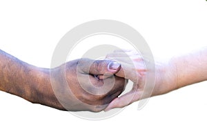 Close up man and woman hands touching together with a dirty hand and a clean on white background for love concept valentine day