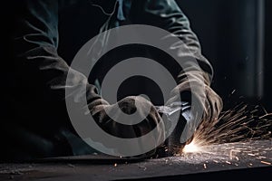Close up of a man working with a grinder in the workshop, Industrial worker hands closeup view welding mettle, AI Generated