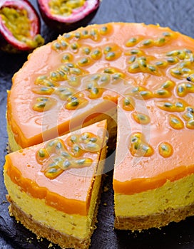 Close up of Mango passionfruit cheesecake dessert