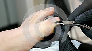 Close up of manicurist hand cutting dry skin on womans toes using metal nippers. Procedure of pedicure in beauty salon.