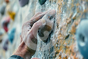 Close up of a mans hand gripping onto a climbing wall hold