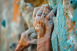 Close up of a mans hand gripping onto a climbing wall hold