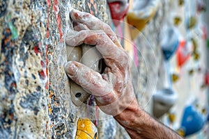 Close up of a mans hand gripping onto a climbing wall hold