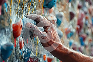 Close up of a mans hand gripping onto a climbing wall hold