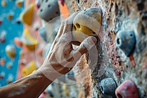 Close up of a mans hand gripping onto a climbing wall hold