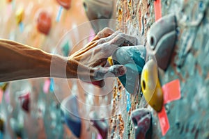 Close up of a mans hand gripping onto a climbing wall hold