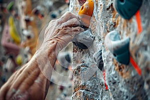 Close up of a mans hand gripping onto a climbing wall hold