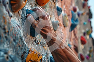 Close up of a mans hand gripping onto a climbing wall hold