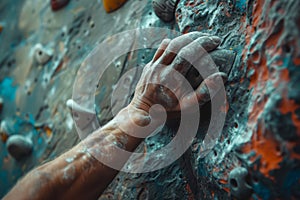 Close up of a mans hand gripping onto a climbing wall hold