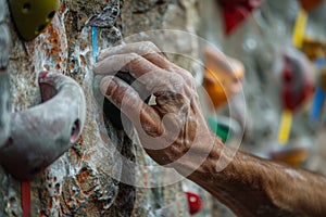 Close up of a mans hand gripping onto a climbing wall hold