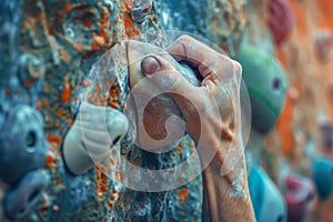 Close up of a mans hand gripping onto a climbing wall hold