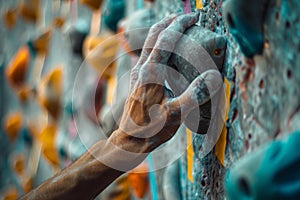 Close up of a mans hand gripping onto a climbing wall hold