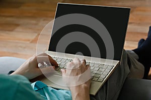 Close up mans hands programming on laptop. Close up laptop screen. Coding