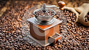 Close-up of a Manual Coffee Grinder with Roasted Coffee Beans - Generative Ai