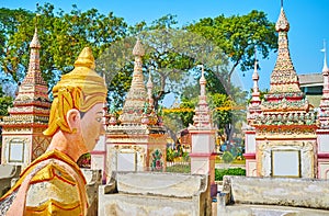 Close-up of manusiha lion head, Thanboddhay Paya, Monywa, Myanmar