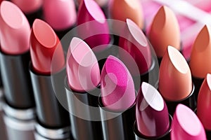 Close up many different colorful trendy professional lipsticks collection set lipgloss tints various palette. Glamorous