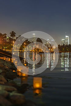 Close up of many lantern with Los Angeles city skyline in Lotus Festival Echo Park