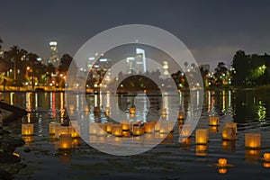 Close up of many lantern with Los Angeles city skyline in Lotus Festival Echo Park